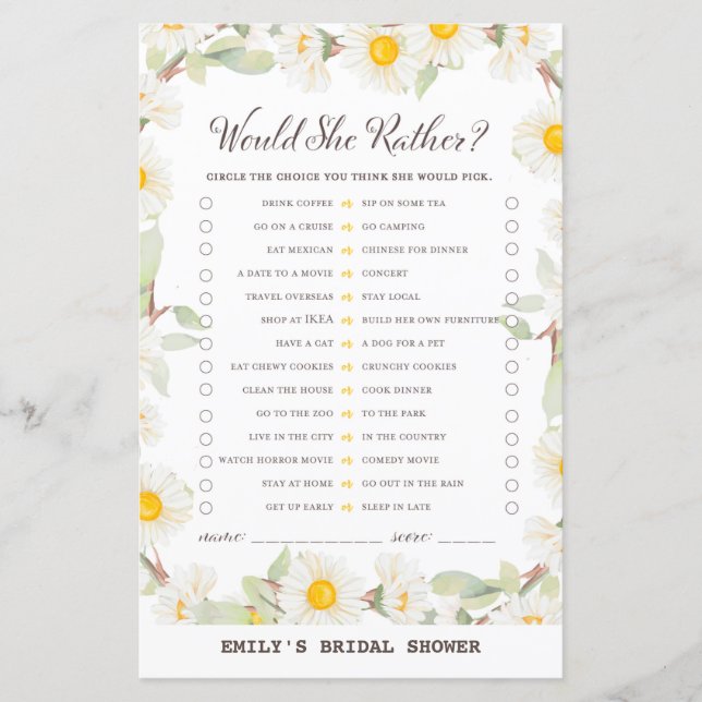 Spring Daisy Flower Bridal Shower Game PRINTED (Front)
