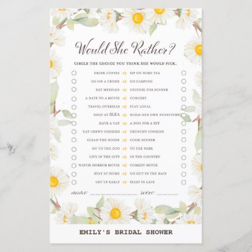 Spring Daisy Flower Bridal Shower Game PRINTED