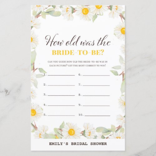 Spring Daisy Flower Bridal Shower Game PRINTED