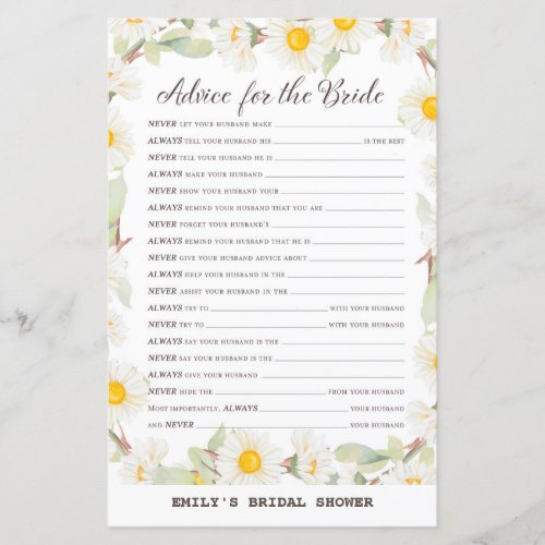 Spring Daisy Flower Bridal Shower Game PRINTED