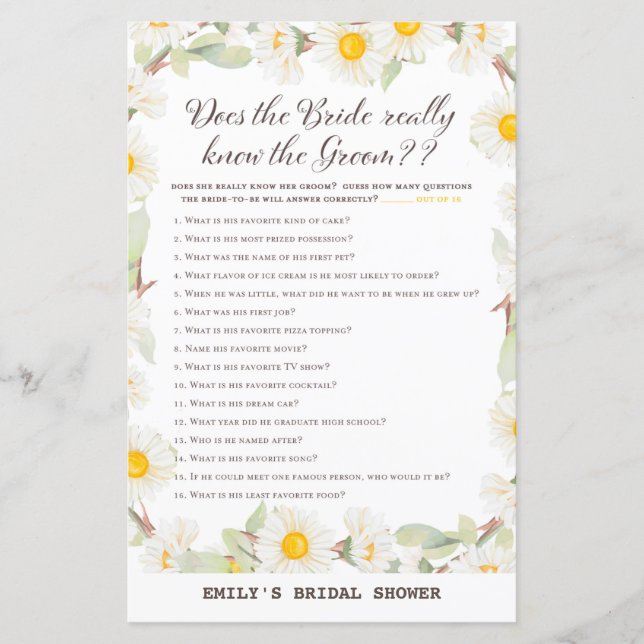 Spring Daisy Flower Bridal Shower Game PRINTED (Front)