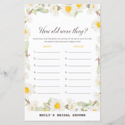 Spring Daisy Flower Bridal Shower Game PRINTED