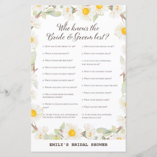 Spring Daisy Flower Bridal Shower Game PRINTED