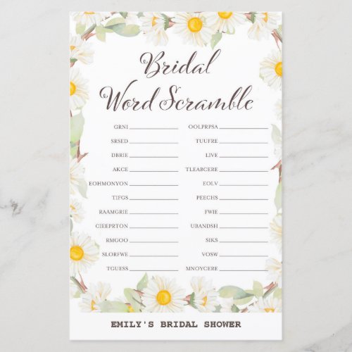 Spring Daisy Flower Bridal Shower Game PRINTED