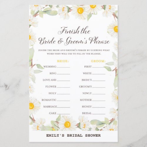 Spring Daisy Flower Bridal Shower Game PRINTED