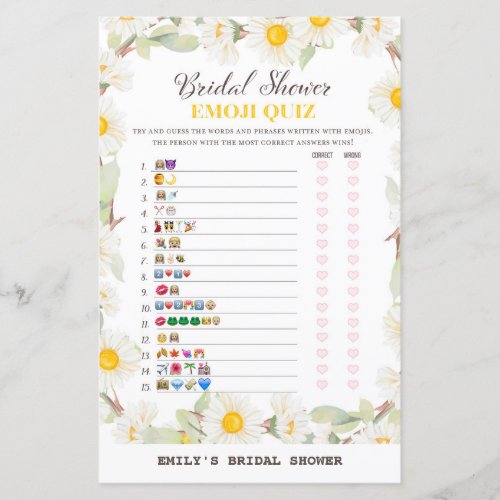 Spring Daisy Flower Bridal Shower Game PRINTED