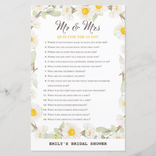 Spring Daisy Flower Bridal Shower Game PRINTED