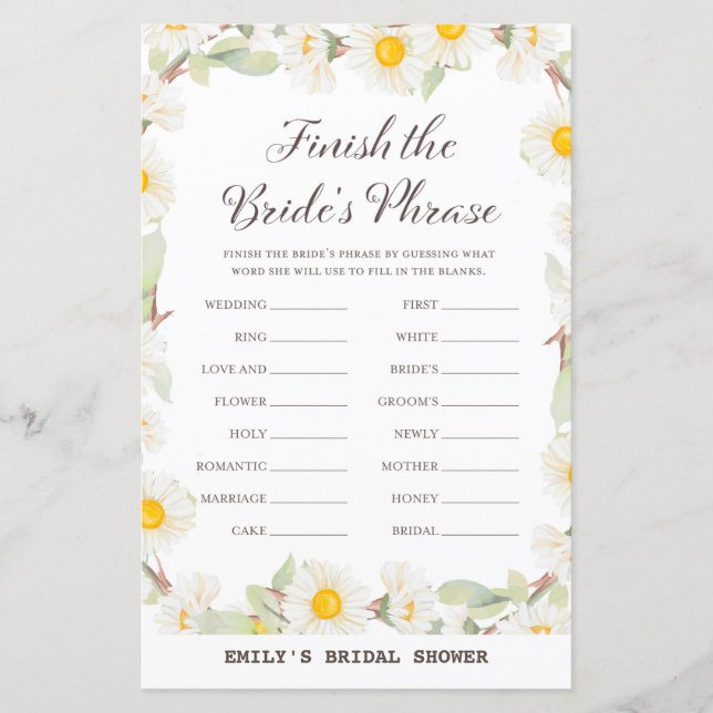 Spring Daisy Flower Bridal Shower Game PRINTED (Front)