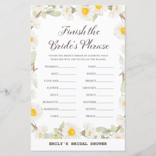 Spring Daisy Flower Bridal Shower Game PRINTED