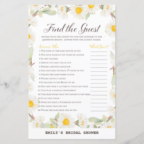 Spring Daisy Flower Bridal Shower Game PRINTED