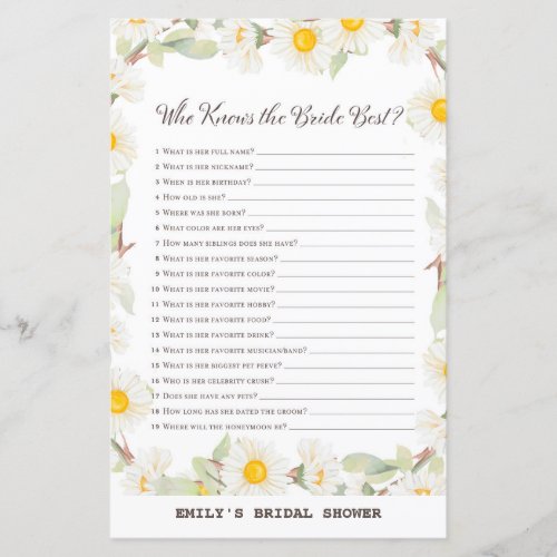 Spring Daisy Flower Bridal Shower Game PRINTED