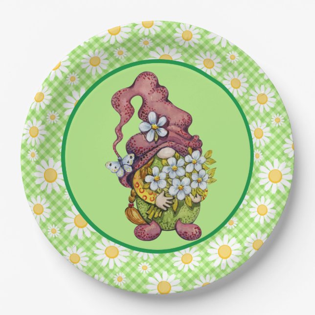 Spring Daisy Gnome Paper Plates (Front)