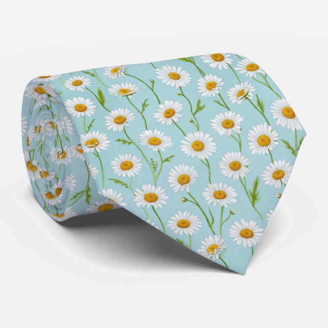 Spring Daisy Meadow Floral Pattern Neck Tie (Rolled)