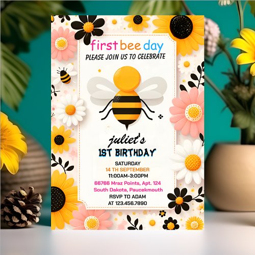 spring daisy Yellow first 1st bee day birthday Invitation