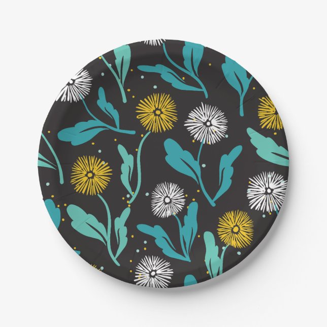 Spring Dandelion Flowers and Leaves Design Paper Plates (Front)