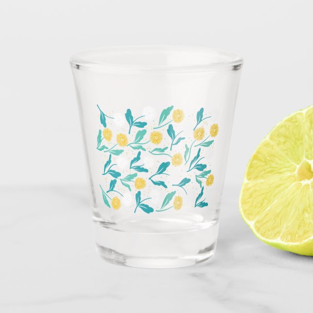 Spring Dandelion Flowers and Leaves Design Shot Glass (Front)