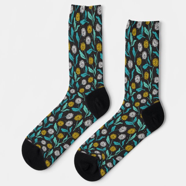 Spring Dandelion Flowers and Leaves Design Socks (Left)
