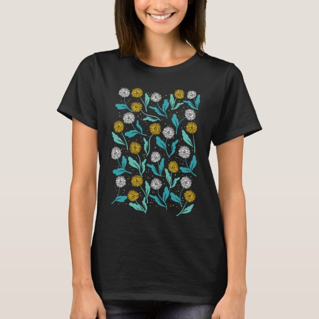 Spring Dandelion Flowers and Leaves Design T-Shirt (Front)