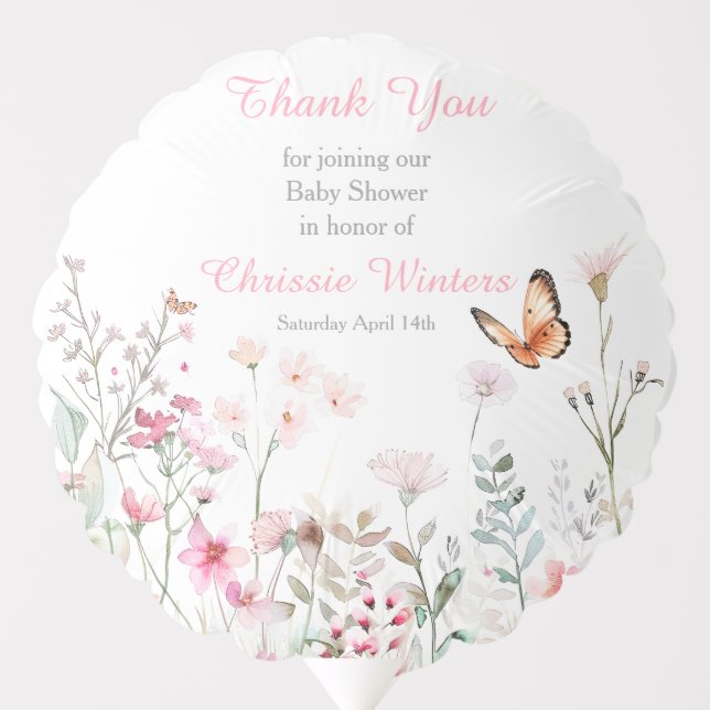 Spring Deep Pink Butterfly Floral Baby Shower Balloon (Front)