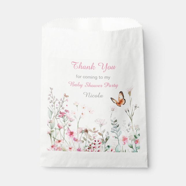Spring Deep Pink Butterfly Floral Baby Shower Favor Bag (Front)