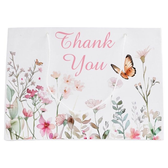 Spring Deep Pink Butterfly Floral Baby Shower Large Gift Bag (Front)