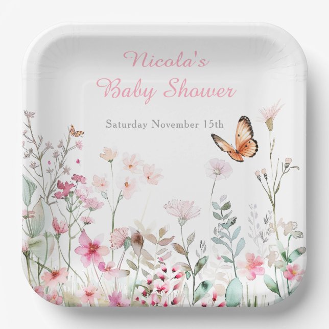 Spring Deep Pink Butterfly Floral Baby Shower Paper Plates (Front)