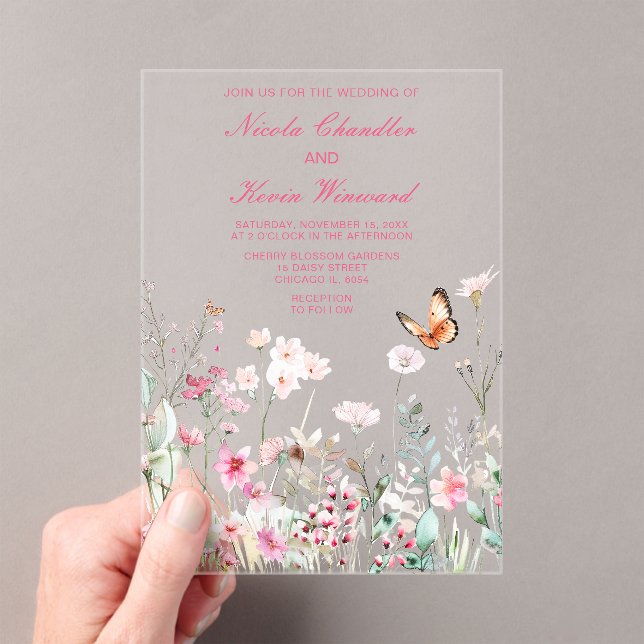 Spring Deep Pink Butterfly Floral Wedding Acrylic Invitations (Insitu (Handheld))