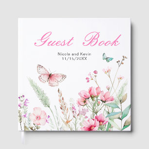 Spring Deep Pink Butterfly Floral Wedding Guest Book