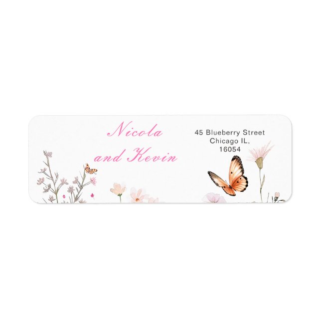 Spring Deep Pink Butterfly Floral Wedding Label (Front)