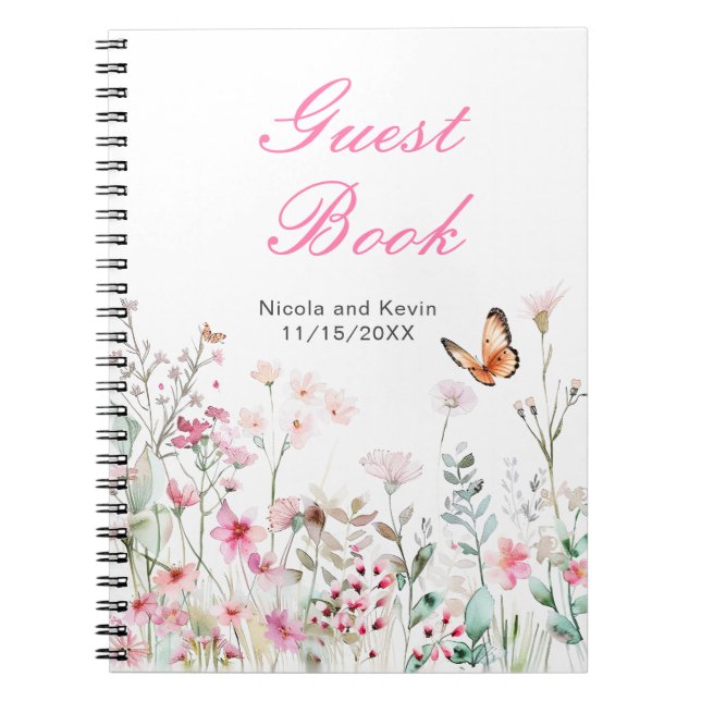 Spring Deep Pink Butterfly Floral Wedding Notebook (Front)
