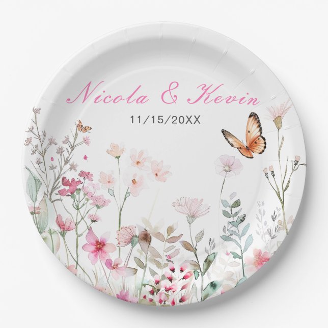 Spring Deep Pink Butterfly Floral Wedding Paper Plates (Front)