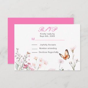 Spring Deep Pink Butterfly Floral Wedding RSVP Card