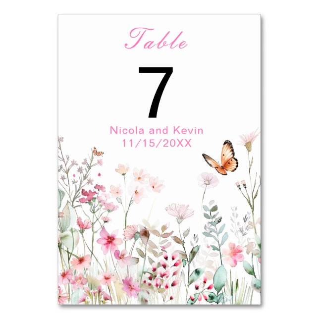 Spring Deep Pink Butterfly Floral Wedding Table Number (Front)