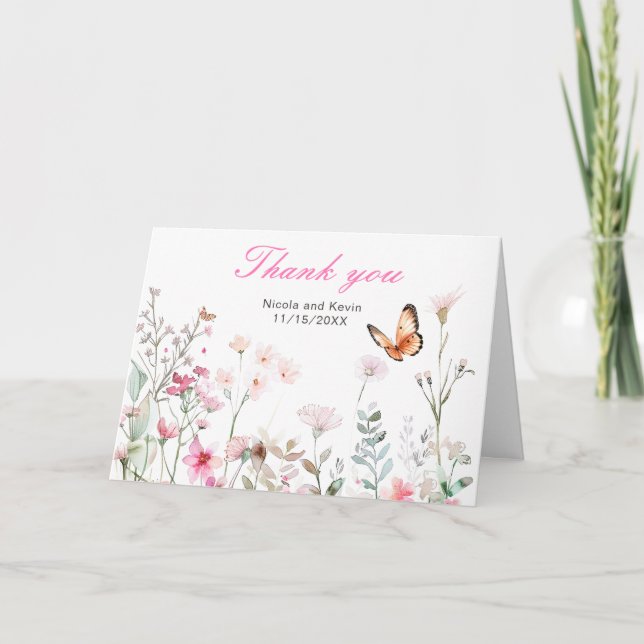 Spring deep Pink Butterfly Floral Wedding Thank You Card (Front)