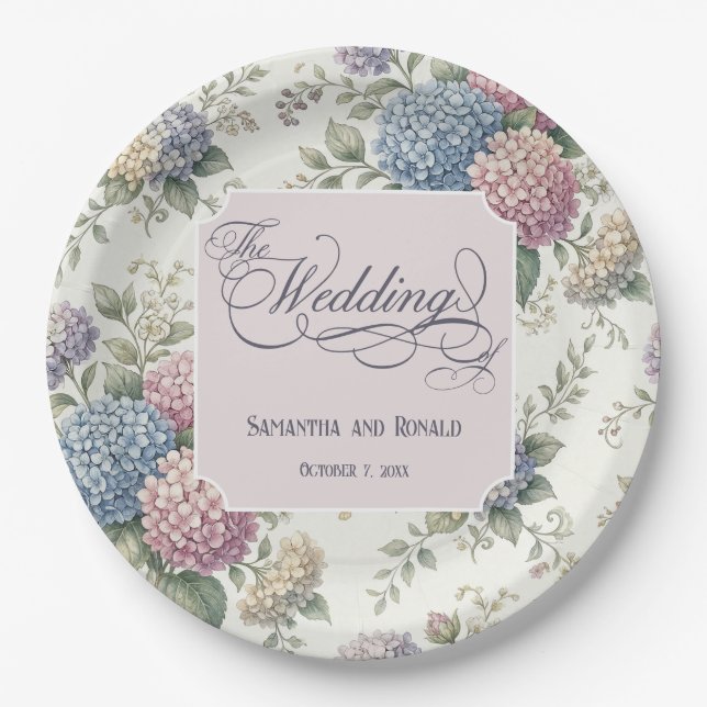 Spring Delicate Hydrangea Flowers Wedding Paper Plates (Front)
