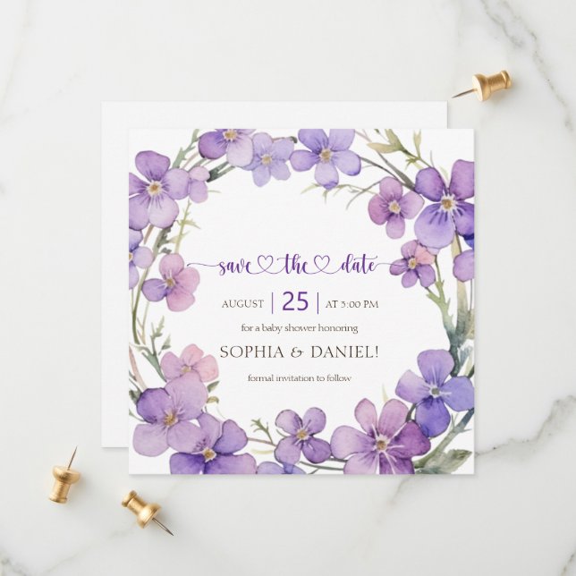 Spring Delicate Violet Flowers Baby Shower Save The Date (Front/Back In Situ)