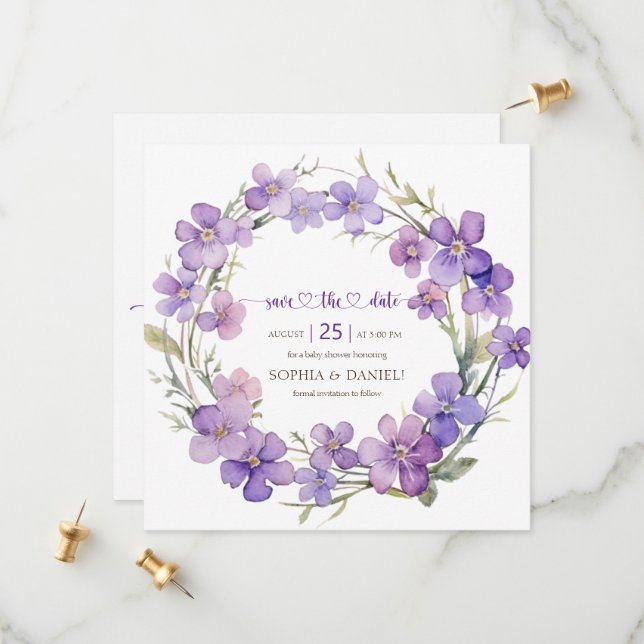 Spring Delicate Violet Flowers Baby Shower Save The Date (Front/Back In Situ)