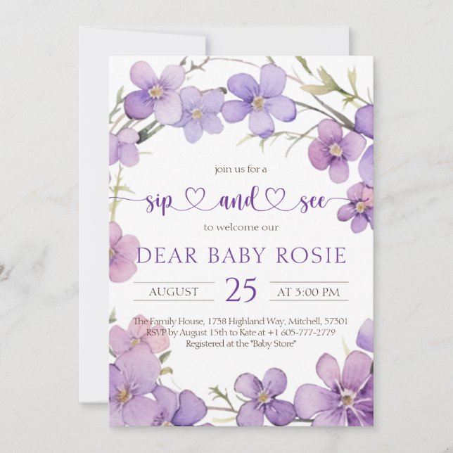 Spring Delicate Violet Flowers Baby Sip and See Invitation (Front)