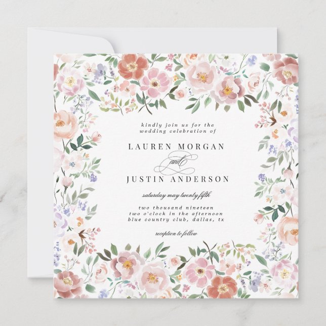 Spring Ditsy Blush Floral Square Wedding Invitation (Front)