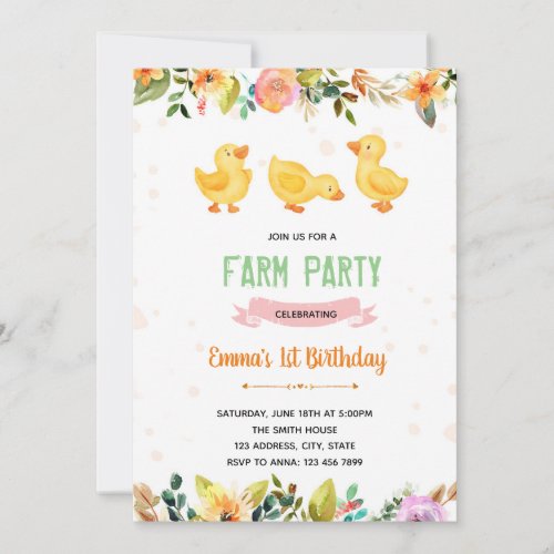 Spring duck party birthday invitation
