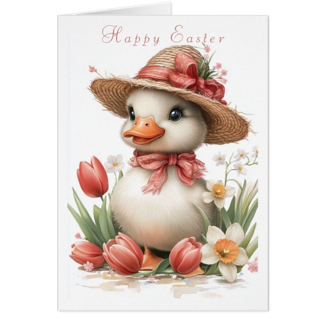 Spring Duckling Straw Hat Pink Bow Tulips Daffodil Cards (Front)