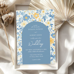Spring dusty blue and yellow cottage flowers arch invitation