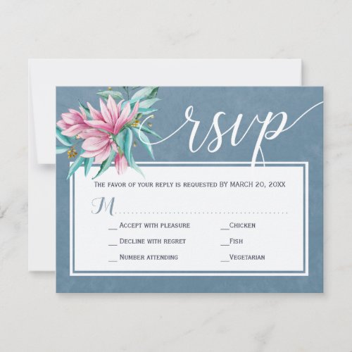 Spring dusty blue blush floral chic script wedding RSVP card