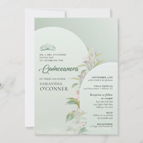 Spring dusty green eucalyptus powder pink floral invitation