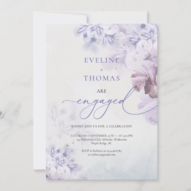 Spring dusty purple blue pink mauve flowers boho invitation (Front)