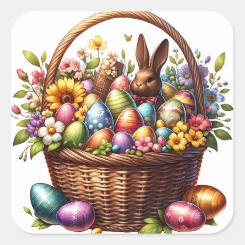 Spring Easter Basket Chocolate Bunny Eggs Flowers Square Sticker
