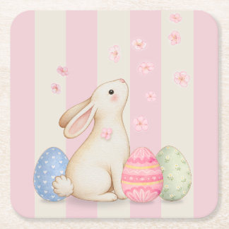 Spring Easter Bunny & Eggs Stripe  Square Paper Co Coaster