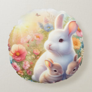 Spring Easter Bunny Family Floral Garden Round Pillow
