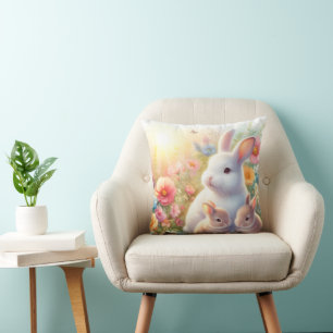Spring Easter Bunny Family Floral Garden Throw Pillow