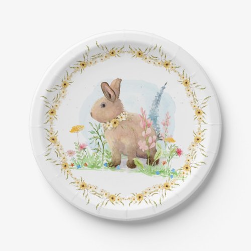 Spring Easter Bunny Rabbit Pink Floral Watercolor Paper Plates